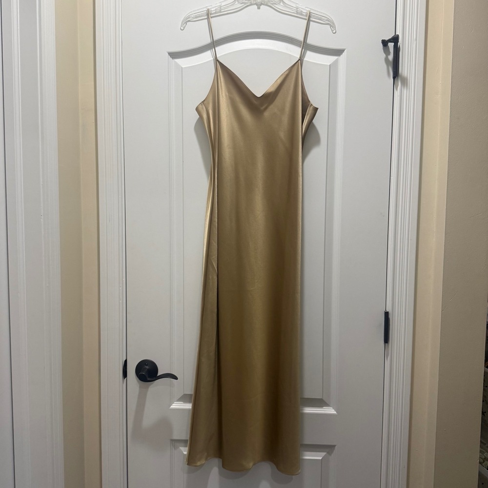 Polo Ralph Lauren Gold Satin Slip Dress V-Neck Midi Spaghetti Strap Size 12